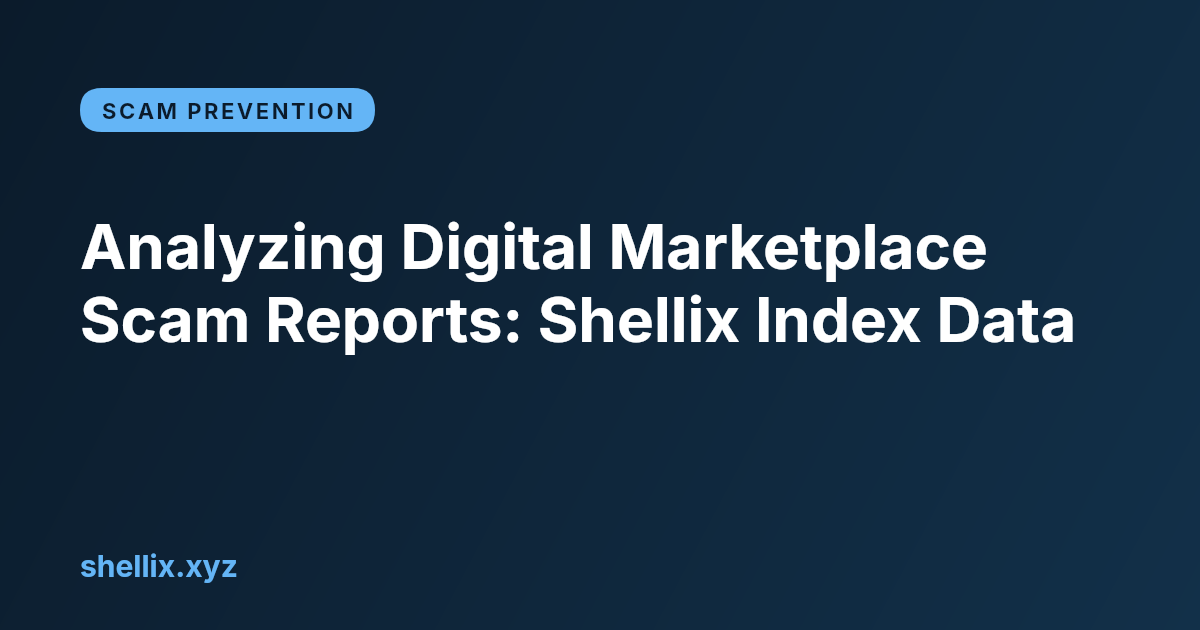 A branded Shellix cover card reading "Analyzing Digital Marketplace Scam Reports: Shellix Index Data".