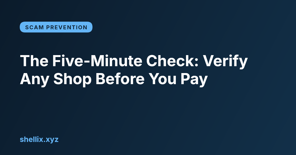 A dark branded card with the words "The Five-Minute Check" and a magnifying-glass mark.